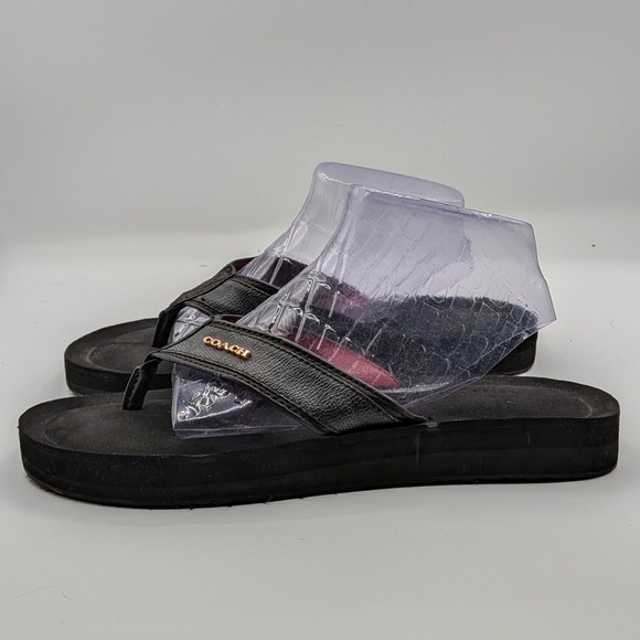 Coach 9B $95 Judy Black Leather Platform Thong Flip Flop Sandals Red Lining main image 5